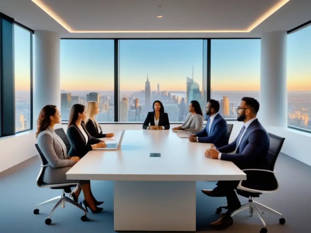 Reunión innovadora de profesionales en oficina moderna Un equipo diverso en una oficina moderna, negociando estrategias para renegociar hipotecas en tiempos de crisis