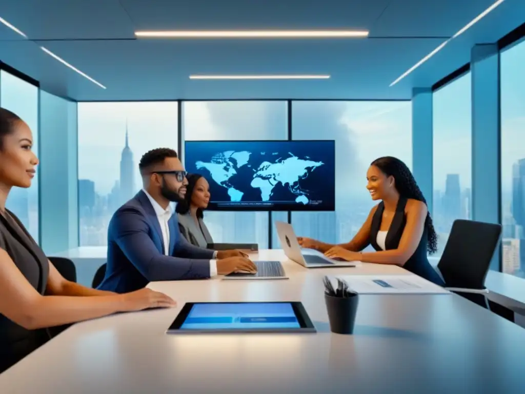 Innovación inclusiva en financiamiento inmobiliario: profesionales colaboran en oficina moderna Un equipo diverso colabora en una oficina moderna, discutiendo sobre financiamiento inmobiliario y políticas gubernamentales