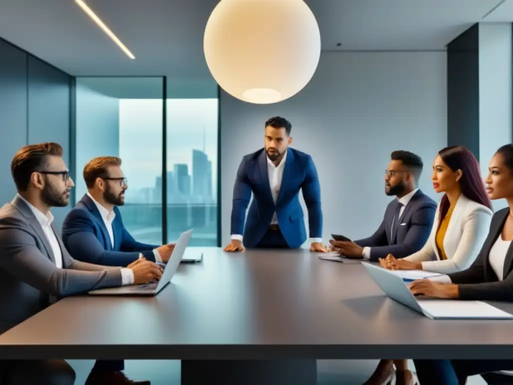 Equipo diverso en reunión: Profesionales colaborativos en oficina moderna Un equipo diverso discute en una oficina moderna iluminada, reflejando colaboración y profesionalismo