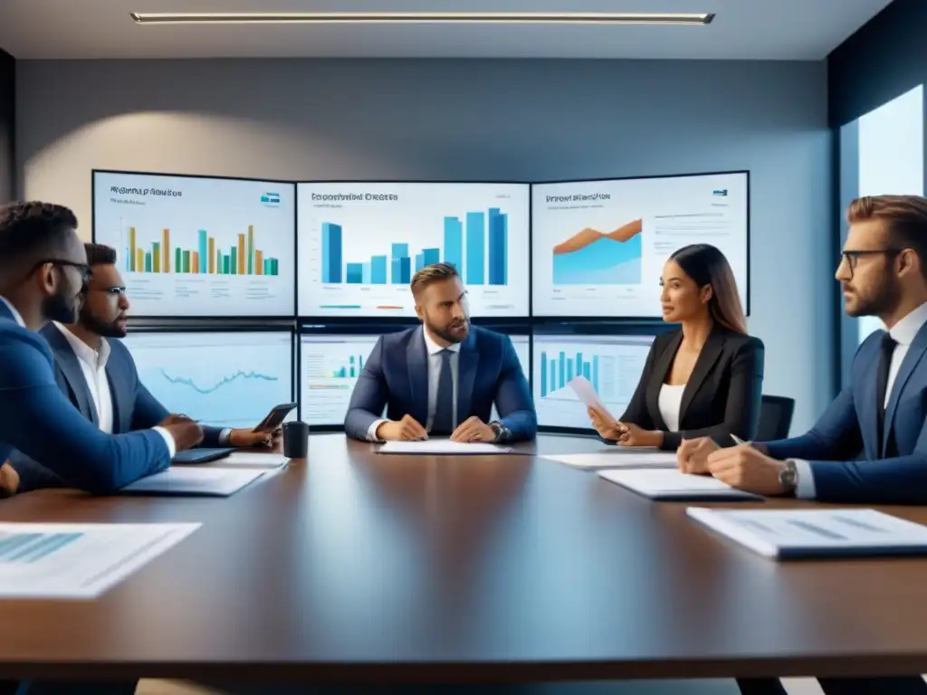 Equipo financiero de vanguardia en una oficina elegante Equipo diverso en oficina moderna discutiendo estrategias de flujo de caja en inversiones