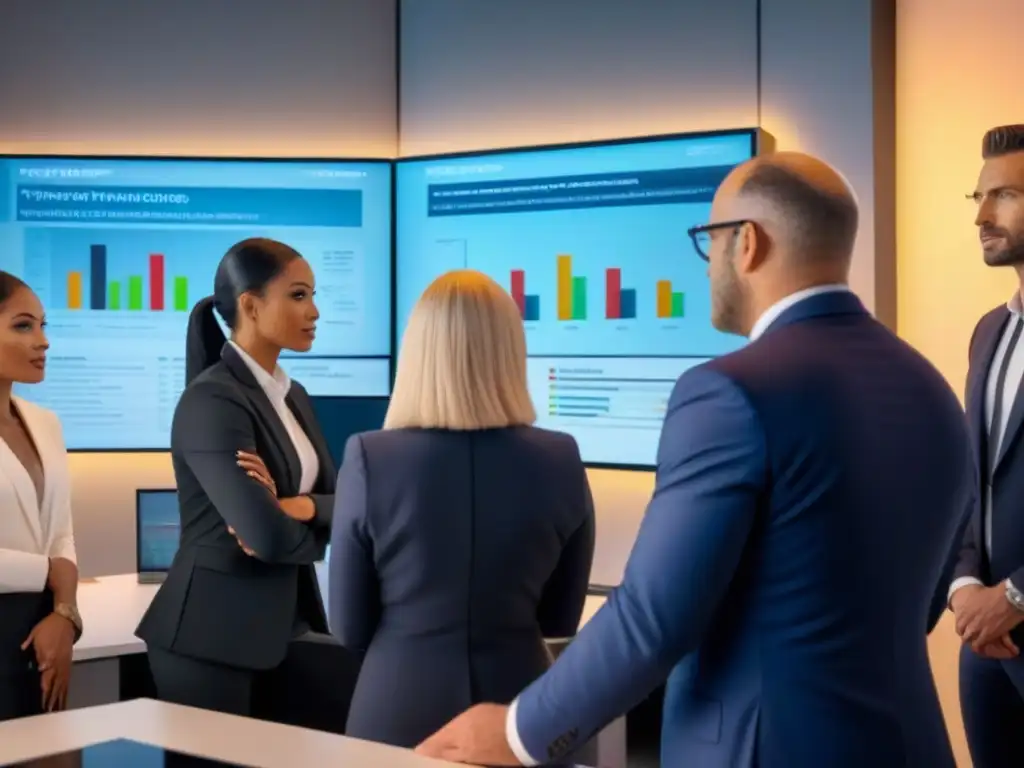 Profesionales en brainstorming con gráficos financieros en 8k Equipo diverso en oficina moderna, colaborando en sesión de lluvia de ideas con gráficos financieros en pantalla
