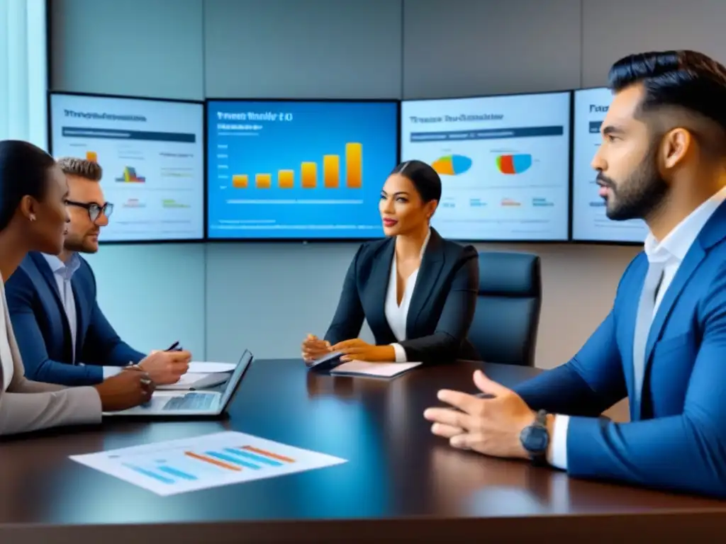 Profesionales diversificados debaten en oficina moderna - Toma de decisiones informada sobre mercado inmobiliario Equipo diverso en oficina moderna, analizando datos del mercado inmobiliario para decisiones de compra estratégicas
