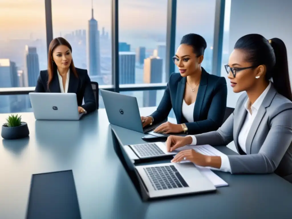 Equipo diverso en oficina moderna, estrategias financieras Un equipo diverso colabora en una oficina moderna, analizando documentos financieros y estrategias para mejorar el puntaje de crédito