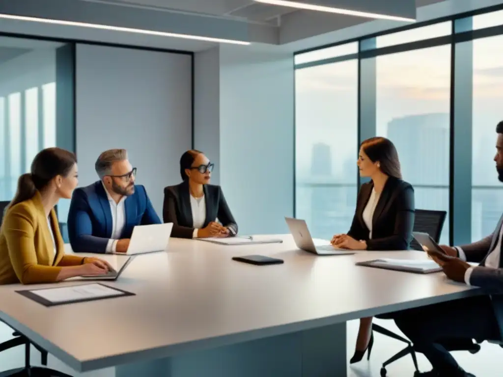 Profesionales colaborando en oficina moderna - Imagen 8k Equipo diverso en oficina moderna colaborando en inversión de préstamos inmobiliarios híbridos