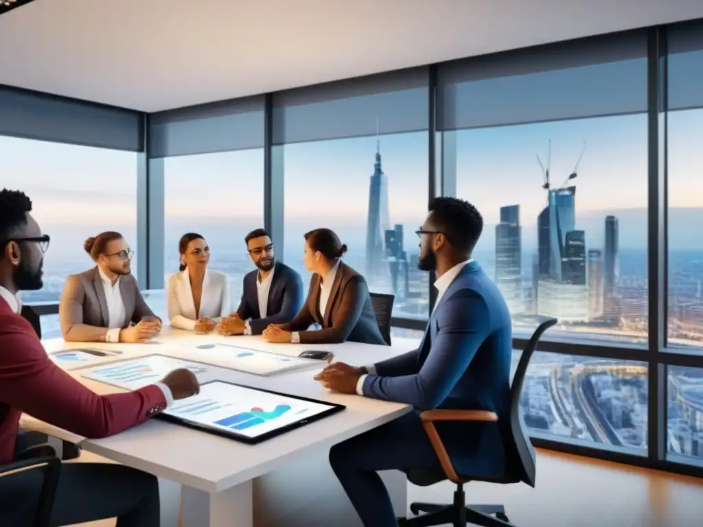 Innovación financiera: trabajo colaborativo en oficina europea Equipo diverso en oficina moderna, colaborando en financiamiento inmobiliario Europa