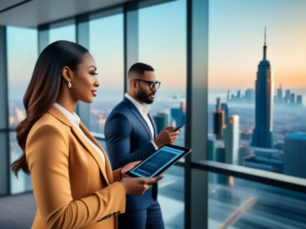 Inversión inmobiliaria: Profesionales colaboran en oficina moderna Equipo diverso en oficina moderna, colaborando en tablet sobre inversiones inmobiliarias