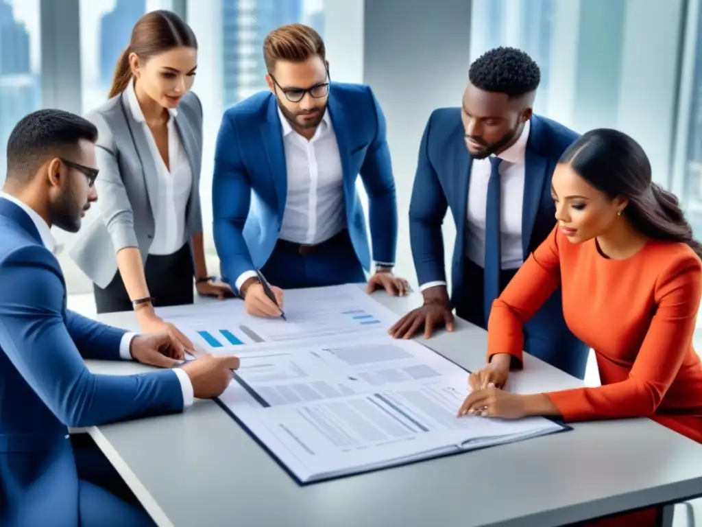 Especialistas colaborando en innovación inmobiliaria Equipo diverso colaborando en una oficina moderna, representando desafíos titulación propiedades mercados emergentes