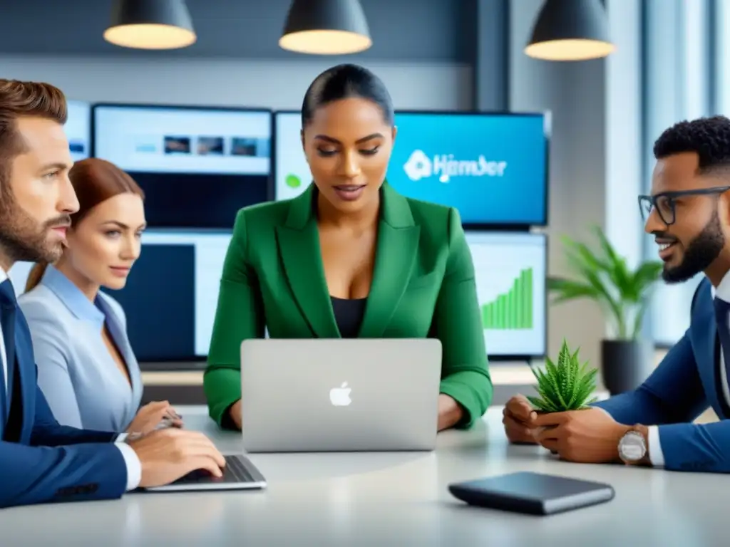 Equipo diverso planifica estrategia digital para seguros inmobiliarios Equipo diverso en oficina moderna planificando estrategia de promoción de seguros de propiedad en redes sociales