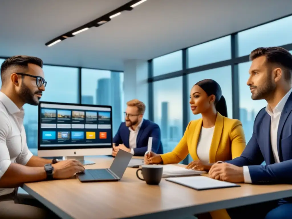 Profesionales colaborando en estrategias de marketing para propiedades de afiliados Equipo diverso en oficina moderna, colaborando en estrategias de Marketing de afiliados para propiedades