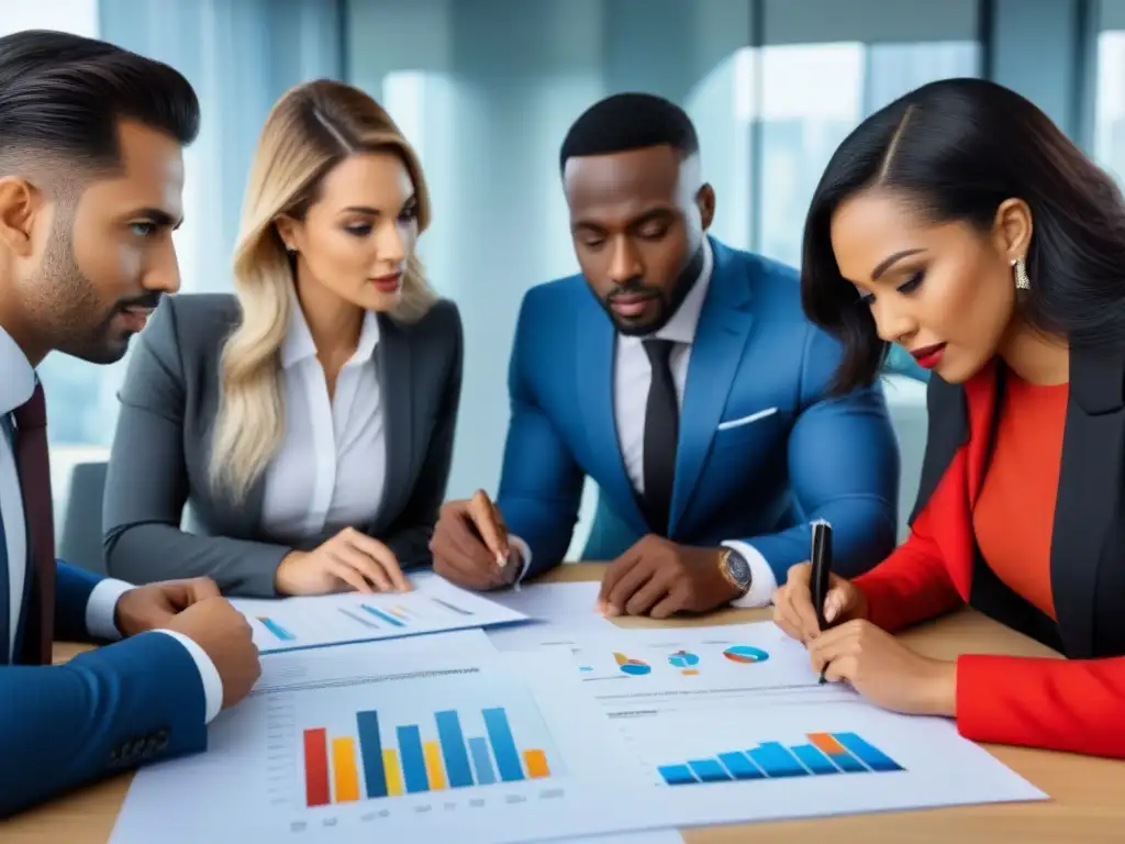 Equipo diverso en oficina moderna analizando créditos Equipo diverso en oficina moderna revisando documentos financieros para mejorar calificación crediticia sector inmobiliario