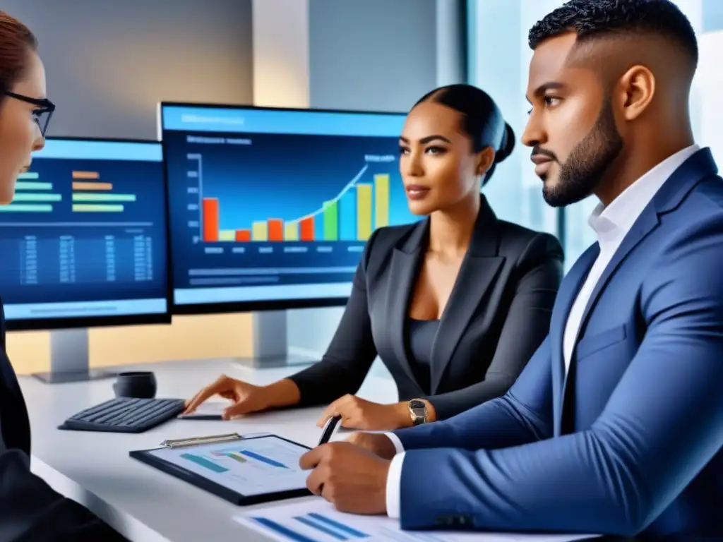 Equipo diverso de profesionales en reunión financiera inmobiliaria Un equipo diverso en una oficina moderna discutiendo documentos financieros, con gráficos en pantallas digitales