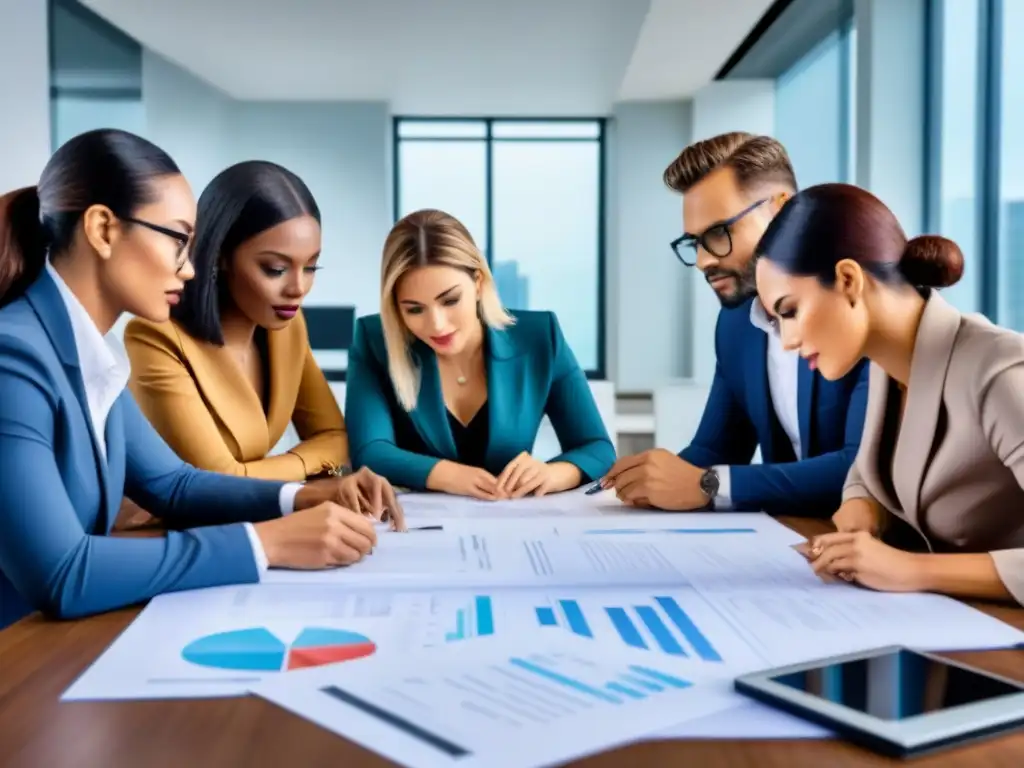 Profesionales colaborando en eficiente mesa de trabajo Equipo diverso en oficina moderna discutiendo ideas sobre hipotecas privadas sin estrés