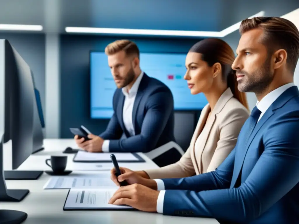 Profesionales en oficina moderna preparando auditoría externa Equipo diverso en oficina moderna preparando empresa inmobiliaria auditoría externa con eficiencia y trabajo en equipo