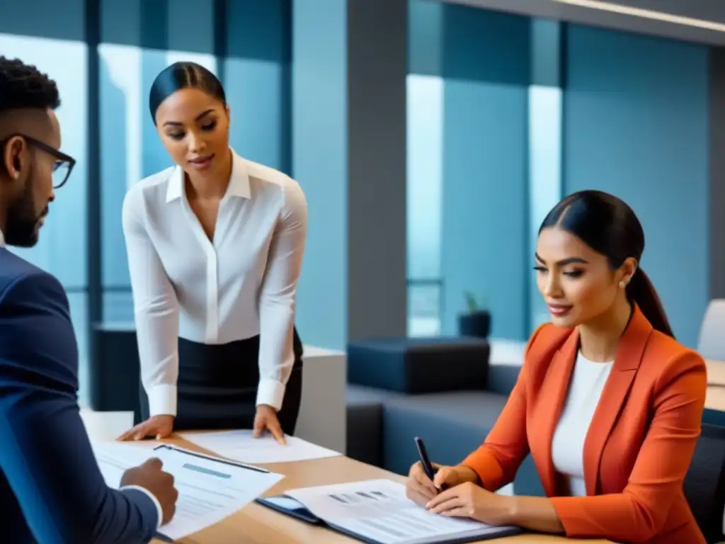 Profesionales colaborando en oficina moderna para auditoría externa Un equipo diverso en una oficina moderna preparando empresa inmobiliaria auditoría externa con profesionalismo y colaboración
