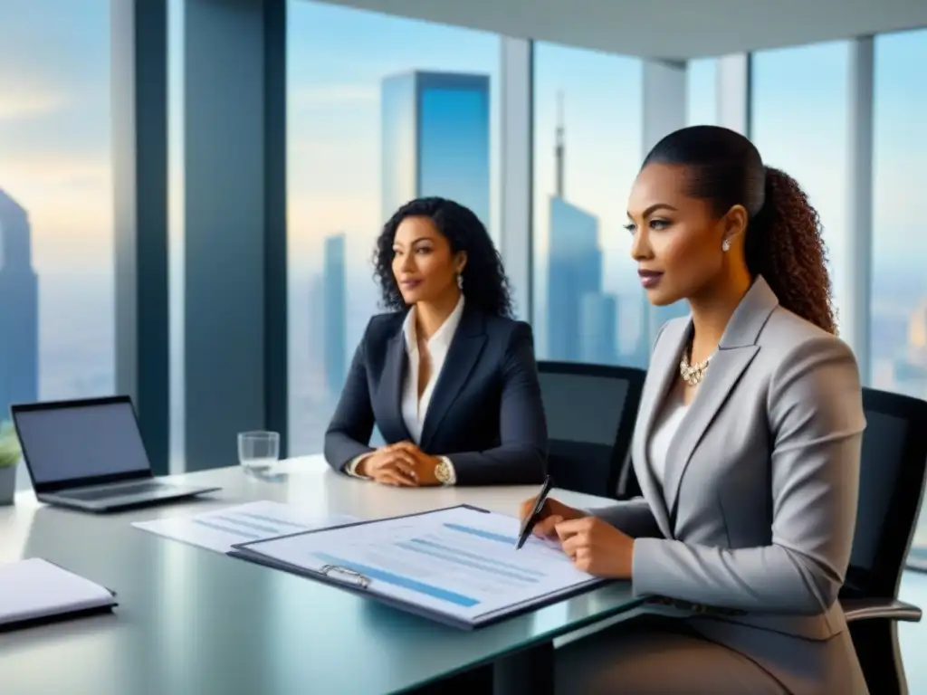 Equipo diverso analizando inversiones inmobiliarias internacionales Un equipo diverso en una oficina moderna discutiendo documentos financieros sobre inversiones inmobiliarias internacionales