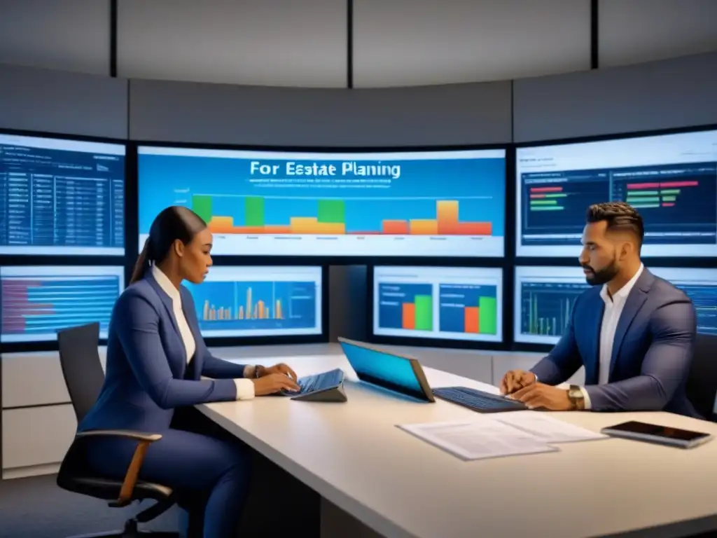 Profesionales diversificados en moderna oficina, planificando finanzas e analizando datos inmobiliarios en pantallas digitales Equipo diverso en oficina moderna analizando datos financieros para préstamos inmobiliarios