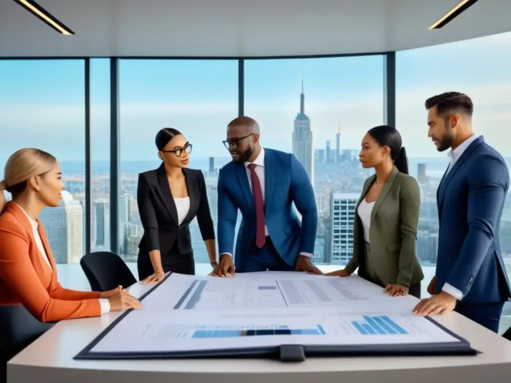 Equipo diverso analizando planos y documentos financieros en oficina moderna Equipo diverso analizando planos y documentos financieros en oficina moderna