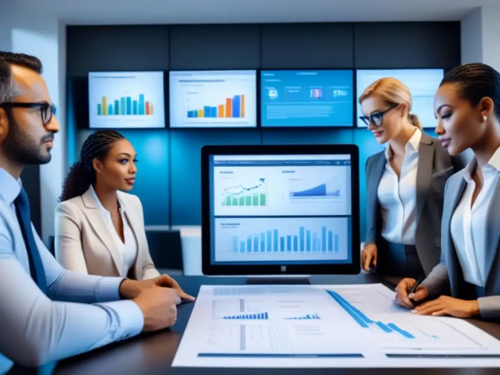 Profesionales colaborativos en proyecto inmobiliario crowdfunding Equipo diverso examina planos y documentos financieros en oficina moderna