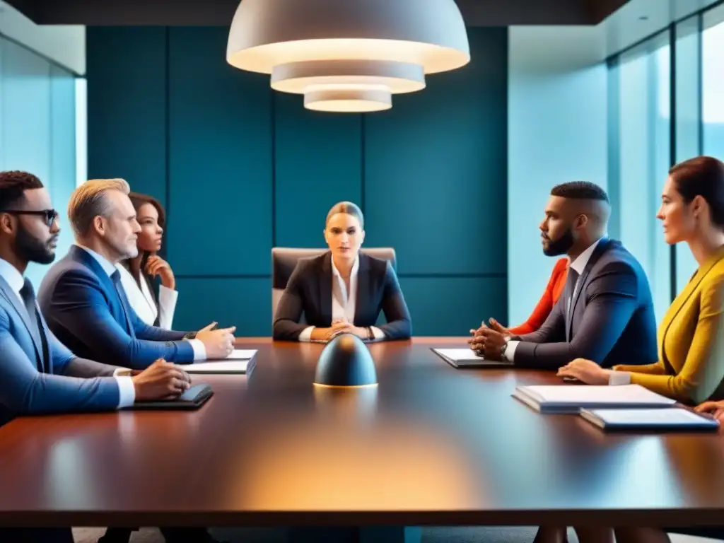 Reunión de negocios: profesionales diversos en mesa moderna Equipo diverso negocia préstamo inmobiliario en sala moderna y luminosa