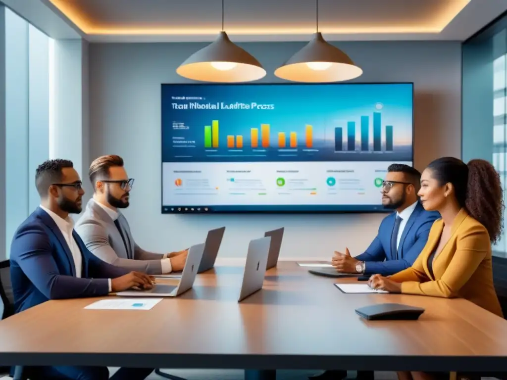 Equipo diverso realiza due diligence financiera en oficina comercial Un equipo diverso y profesional realiza una diligencia financiera en una oficina inmobiliaria moderna y vibrante
