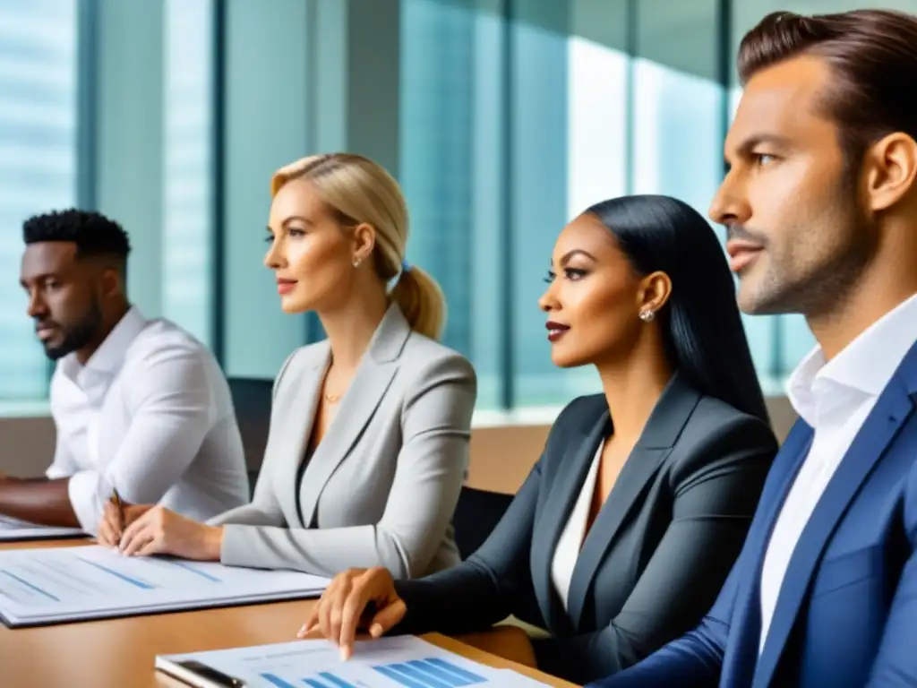 Equipo profesional y moderno debatiendo en oficina contemporánea Un equipo diverso y profesional discute documentos y gráficos financieros en una oficina moderna y luminosa