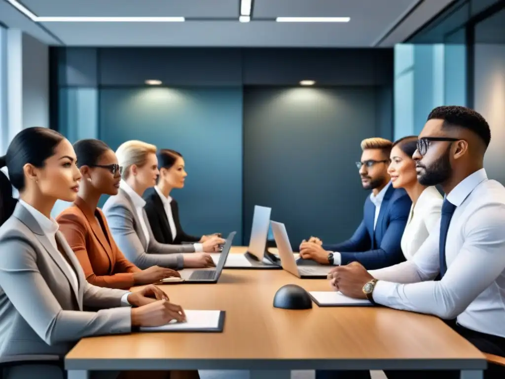 Profesionales diversos en oficina moderna: colaboración y productividad Un equipo diverso y profesional colabora en una oficina moderna y elegante