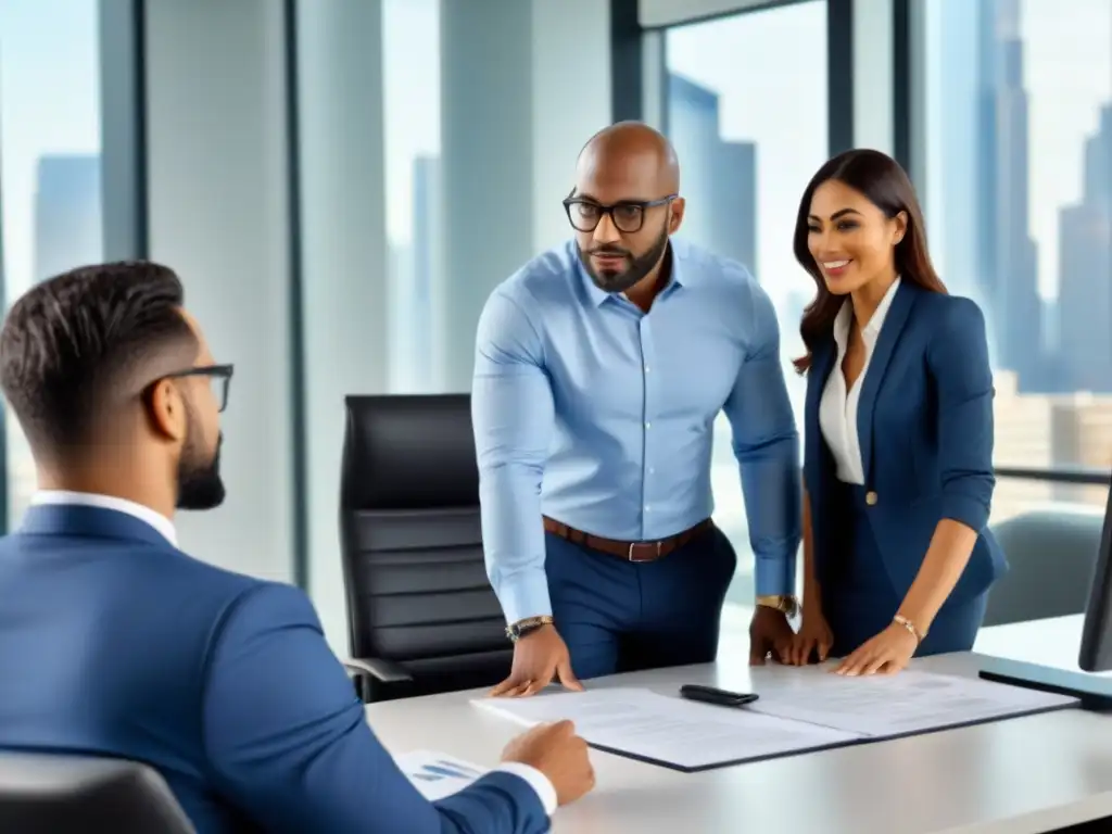 Equipo Multicultural en Oficina de Finanzas Inmobiliarias Un equipo diverso y profesional analiza planos y documentos financieros en una oficina contemporánea