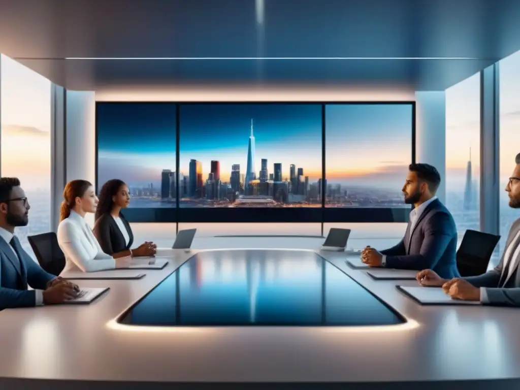 Equipo diverso en reunión futurista: innovación y profesionalismo Un equipo diverso y profesional discute sobre 'Riesgos en portafolios inmobiliarios' en una oficina moderna y futurista