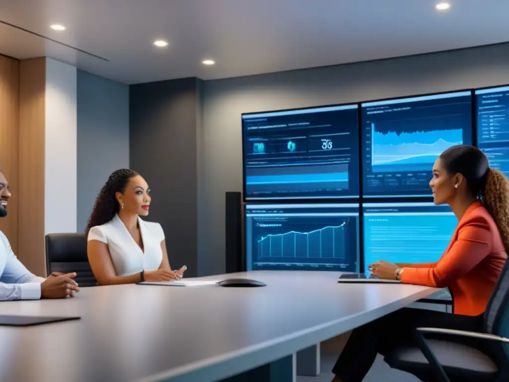 Profesionales de seguros en debate: diversidad e innovación en la sala de juntas Un equipo diverso y profesional en una sala de juntas futurista, discutiendo sobre programas afiliados seguros de propiedad confiable