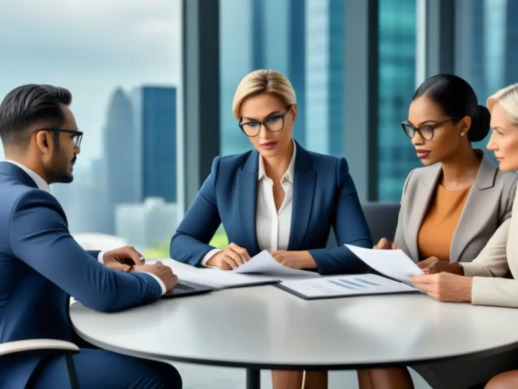 Profesionales diversificados en reunión colaborativa en oficina moderna Un equipo diverso de profesionales discute sobre reportar actividad sospechosa en financiamiento inmobiliario en una oficina moderna