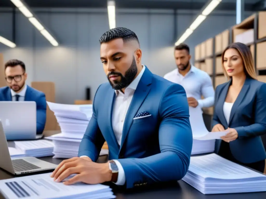 Equipo profesional realiza auditoría inmobiliaria con diligencia Equipo diverso de profesionales realizando auditorías en una oficina moderna, gestionando riesgos inmobiliarios con diligencia y expertise
