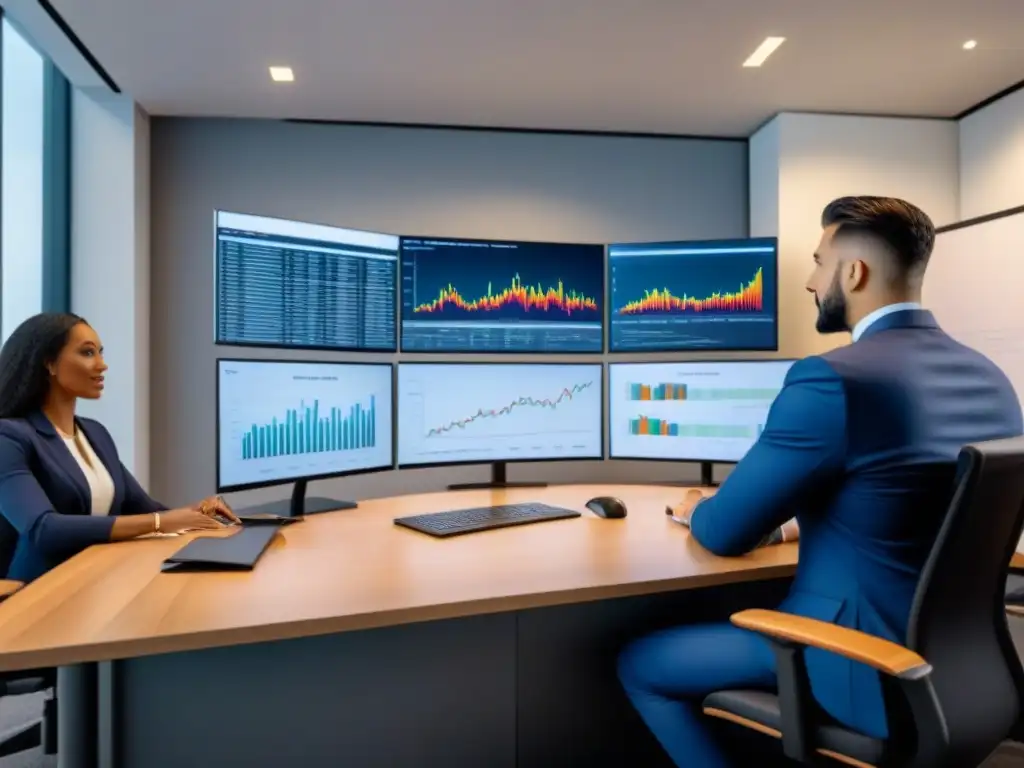 Profesionales financieros analizan REITs en oficina moderna Un equipo diverso de profesionales analiza carteras de REITs en una oficina moderna, destacando los beneficios de diversificar con REITs