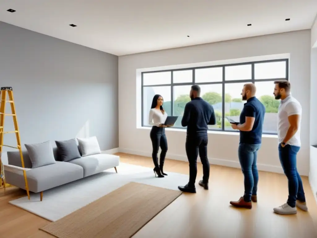 Equipo diverso transforma moderna casa con pericia Equipo diverso de profesionales renovando casa moderna con herramientas sofisticadas