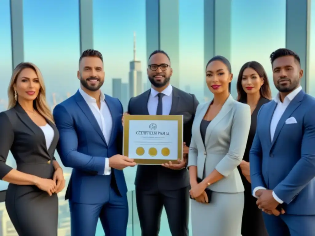 Profesionales internacionales de bienes raíces frente a edificio moderno Equipo diverso de profesionales con certificaciones internacionales en bienes raíces frente a un edificio moderno, reflejando la ciudad