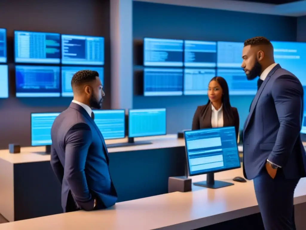 Equipo de ciberseguridad protegiendo plataformas financieras inmobiliarias Un equipo diverso de profesionales de ciberseguridad realizando auditorías de seguridad en plataformas de financiamiento inmobiliario