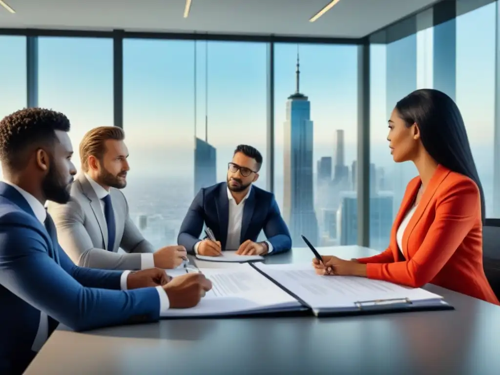 Equipo profesional diverso en reunión de finanzas inmobiliarias Un equipo diverso de profesionales discute sobre complicaciones legales en financiamiento de proyectos inmobiliarios en una oficina moderna