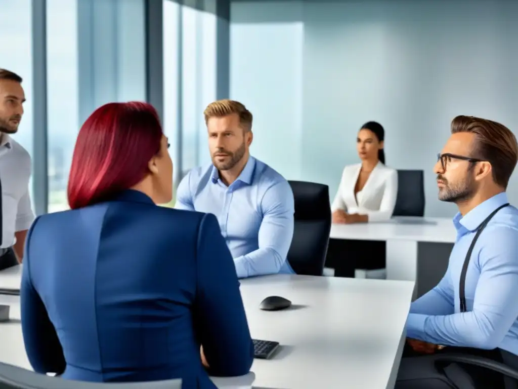 Equipo profesional en moderna oficina: estrategias de crédito inmobiliario Un equipo diverso de profesionales concentrados en una reunión estratégica en una oficina moderna