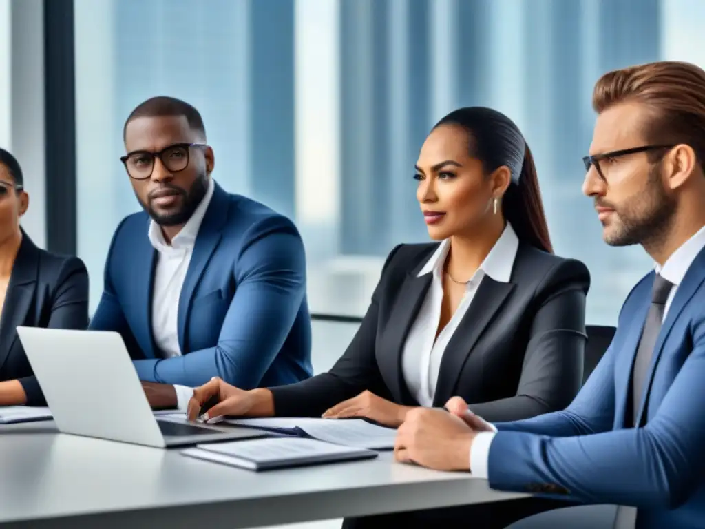 Un equipo diverso de profesionales discute sobre consejos para primer préstamo hipotecario en una oficina moderna y profesional