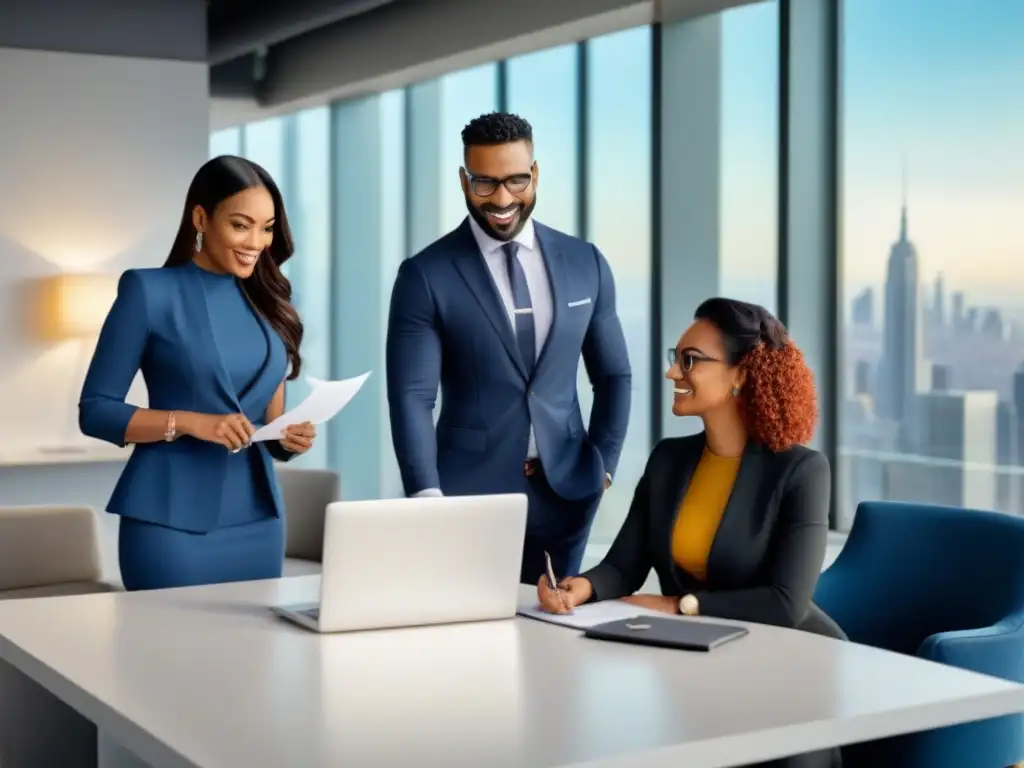 Profesionales exitosos en oficina moderna discuten hipoteca Un equipo diverso de profesionales revisando documentos en una oficina moderna y luminosa