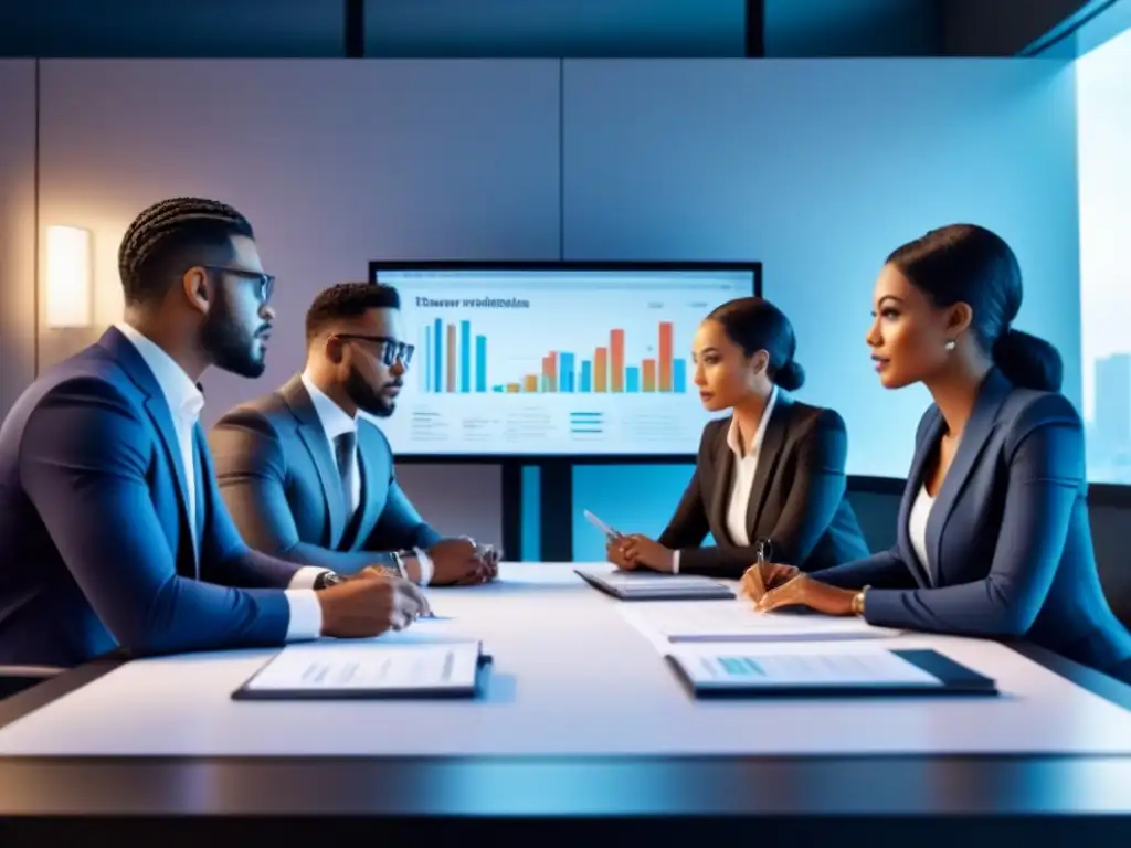 Equipo diverso analizando documentos financieros en oficina futurista Un equipo diverso de profesionales analiza documentos financieros y estrategias en una oficina futurista