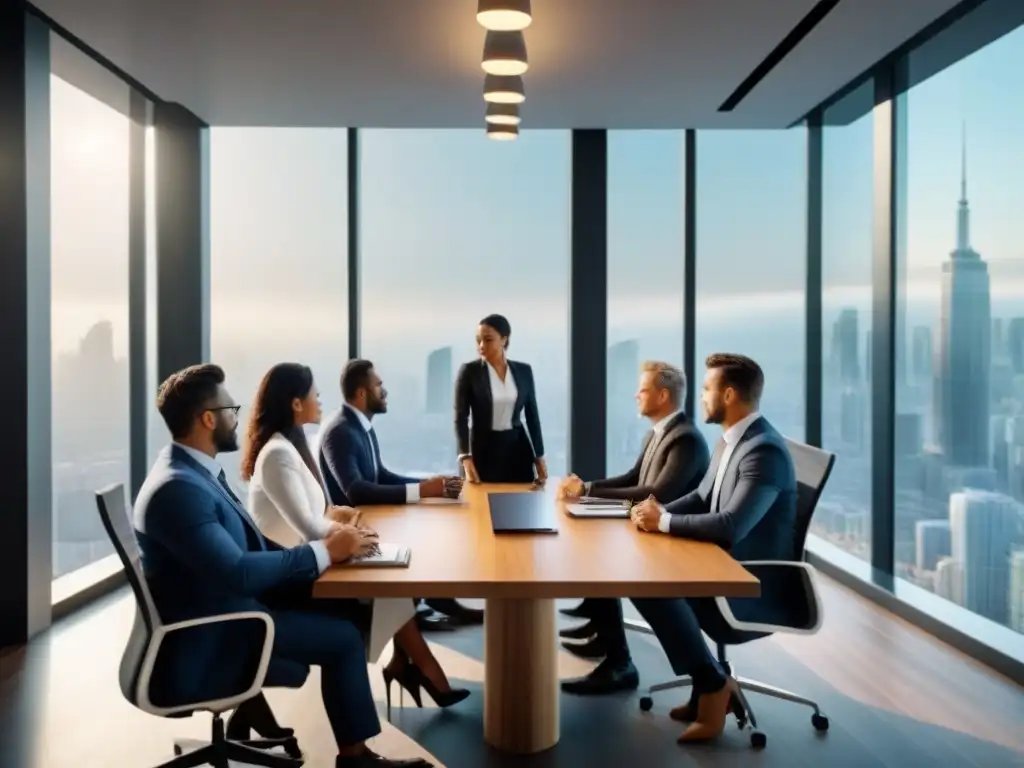 Profesionales discutiendo financiamiento inmobiliario en oficina moderna con vista a la ciudad Equipo diverso de profesionales discutiendo documentos financieros en una oficina moderna con vista a la ciudad