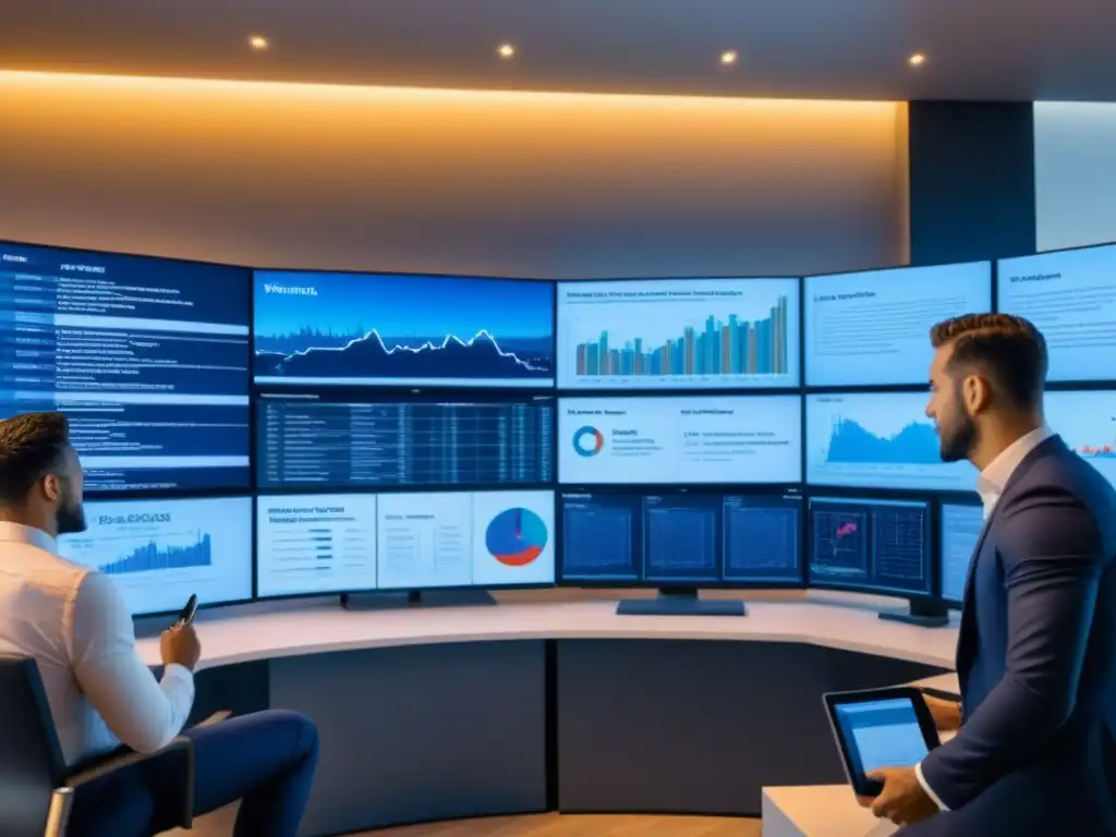 Un equipo diverso de profesionales en un espacio de oficina futurista discutiendo estrategias innovadoras de financiamiento inmobiliario