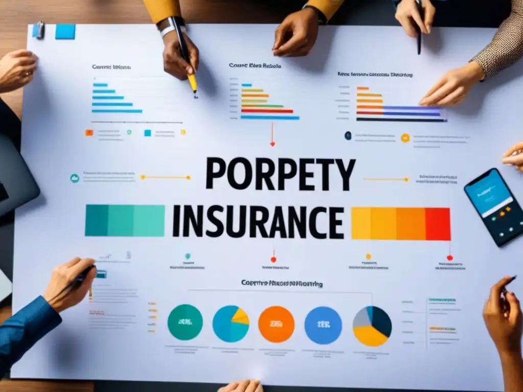 Estrategias de marketing de seguros: Colaboración creativa Un equipo diverso de profesionales colabora en estrategias de marketing de contenidos para seguros, rodeados de gráficos y palabras clave