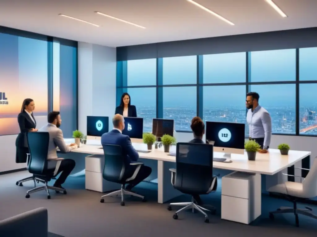 Profesionales innovando estrategias de marketing de afiliación en oficina moderna Equipo diverso de profesionales colaborando en estrategias de marketing de afiliados para propiedades en una oficina moderna