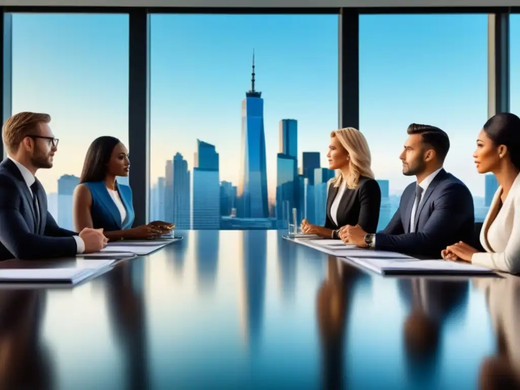 Profesionales discutiendo estrategias de inversión en ambiente urbanita Equipo diverso de profesionales discutiendo estrategias de inversión en una sala de reuniones con vista a la ciudad
