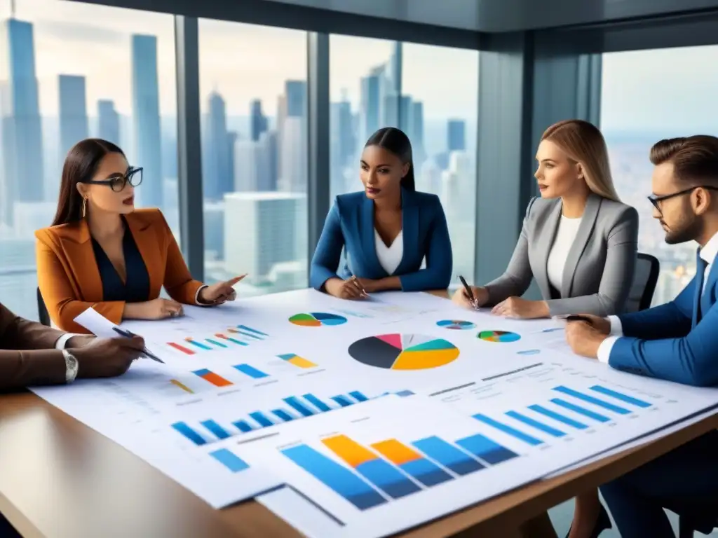 Reunión estratégica de profesionales en moderno entorno corporativo Un equipo diverso de profesionales colabora en estrategias de blindaje de inversiones inmobiliarias en una sala contemporánea con vista a la ciudad