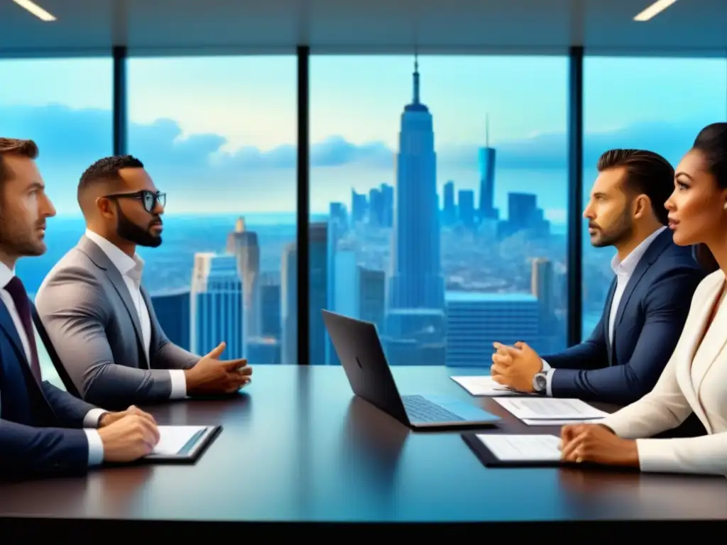 Equipo diverso de profesionales financieros en oficina moderna Un equipo diverso de profesionales financieros discute estrategias de gestión de riesgos en portafolios inmobiliarios en una oficina moderna