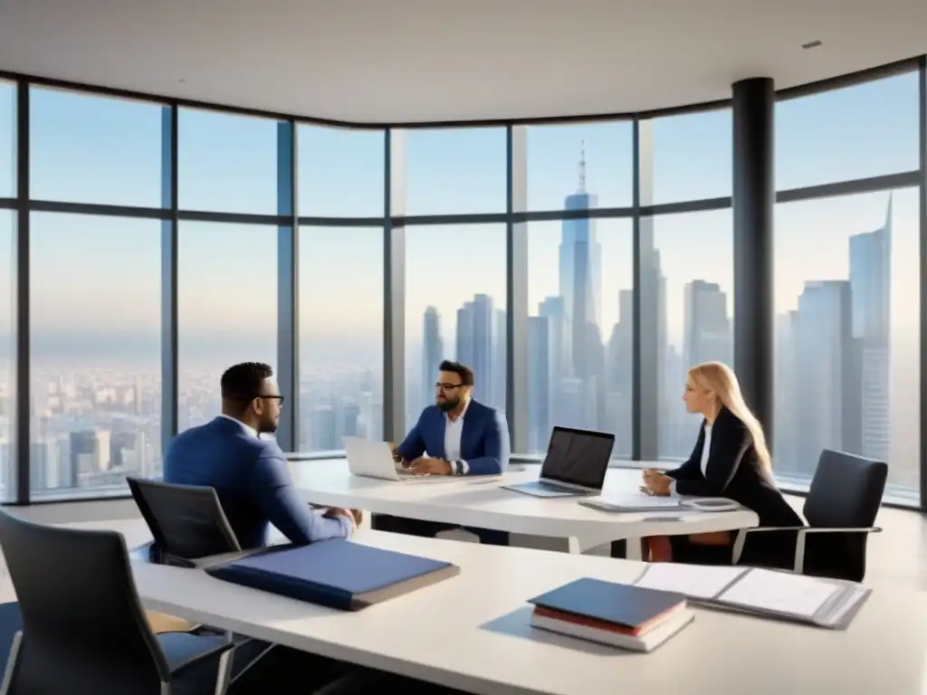 Profesionales diversificados colaboran en finanzas inmobiliarias Un equipo diverso de profesionales colaborando en gráficos financieros de rentabilidad, en oficina moderna