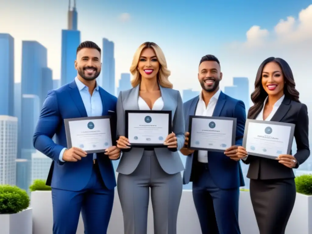 Profesionales inmobiliarios exitosos en ciudad moderna Equipo diverso de profesionales inmobiliarios muestra certificaciones en mercado activo