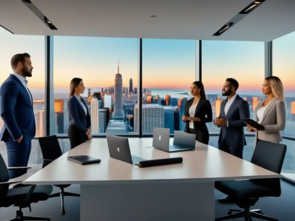 Profesionales inmobiliarios innovadores en reunión digital 8k Equipo diverso de profesionales inmobiliarios utiliza herramientas digitales para financiamiento en moderna oficina con vista a la ciudad